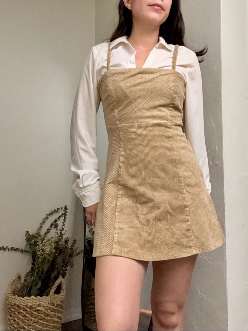 Forever 21 Tan Corduroy Spaghetti Strap Mini Dress